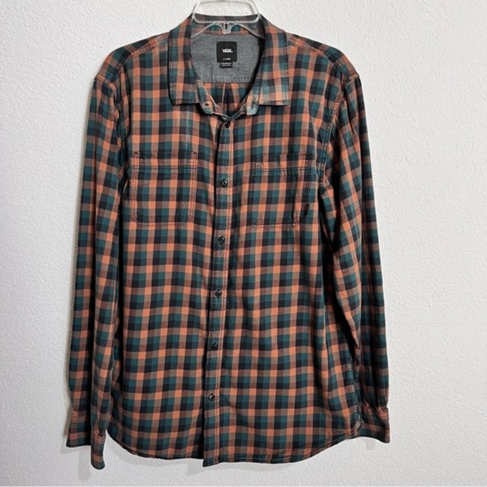 Vans Green Black Brown Checked Flannel Tailored Fit Button Down Shirt XL